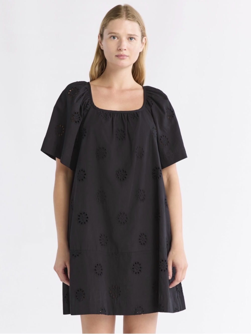 Free Assembly  Black Eyelet Square-Neck Shift Dress